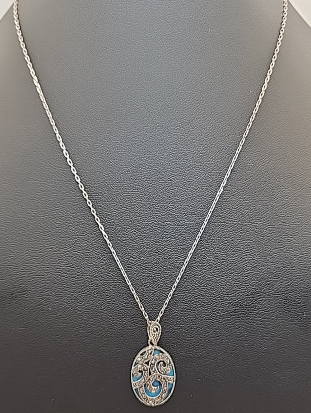 Vintage Sterling Silver Necklace W/Oval Turquoise & Marcasite SS Pendant  18"